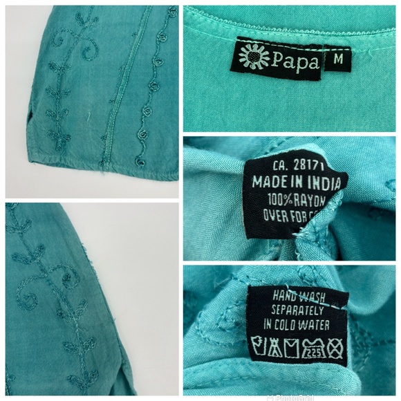 Papa Teal Embroidered Stripe V-Neck Button Front Tie Back Sleeveless Top, Medium - Picture 16 of 16